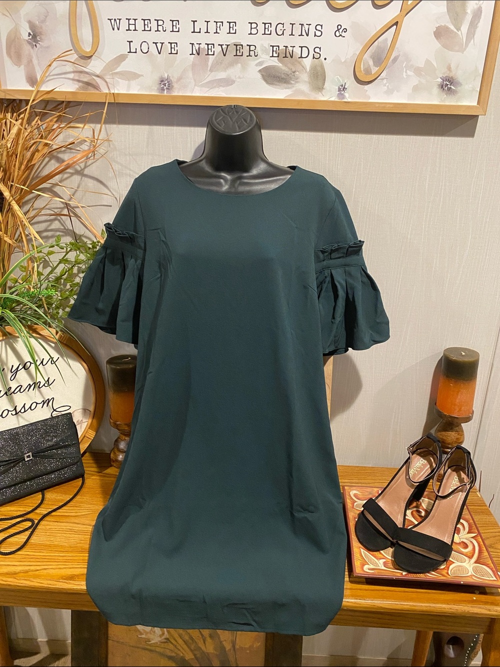 She + Sky Dark Teal Ruffle Sleeve Mini Dress